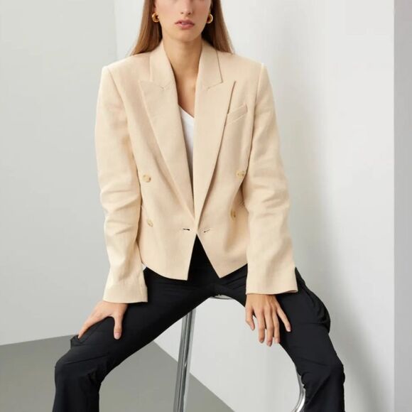 ALC River Linen Blend Cropped Double-Breasted Blazer Size 0 - Picture 2 of 9